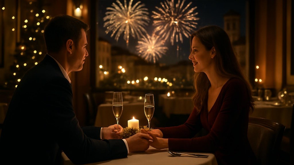 Coppia durante una cena romantica di Capodanno