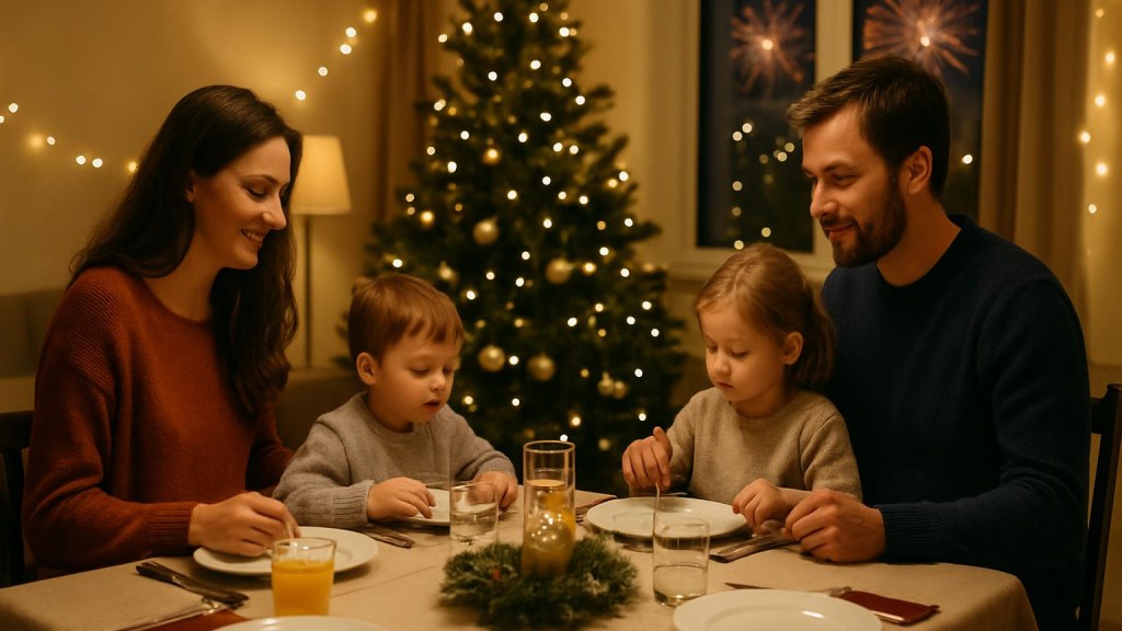 Famiglia con bambini in ambiente accogliente per Capodanno